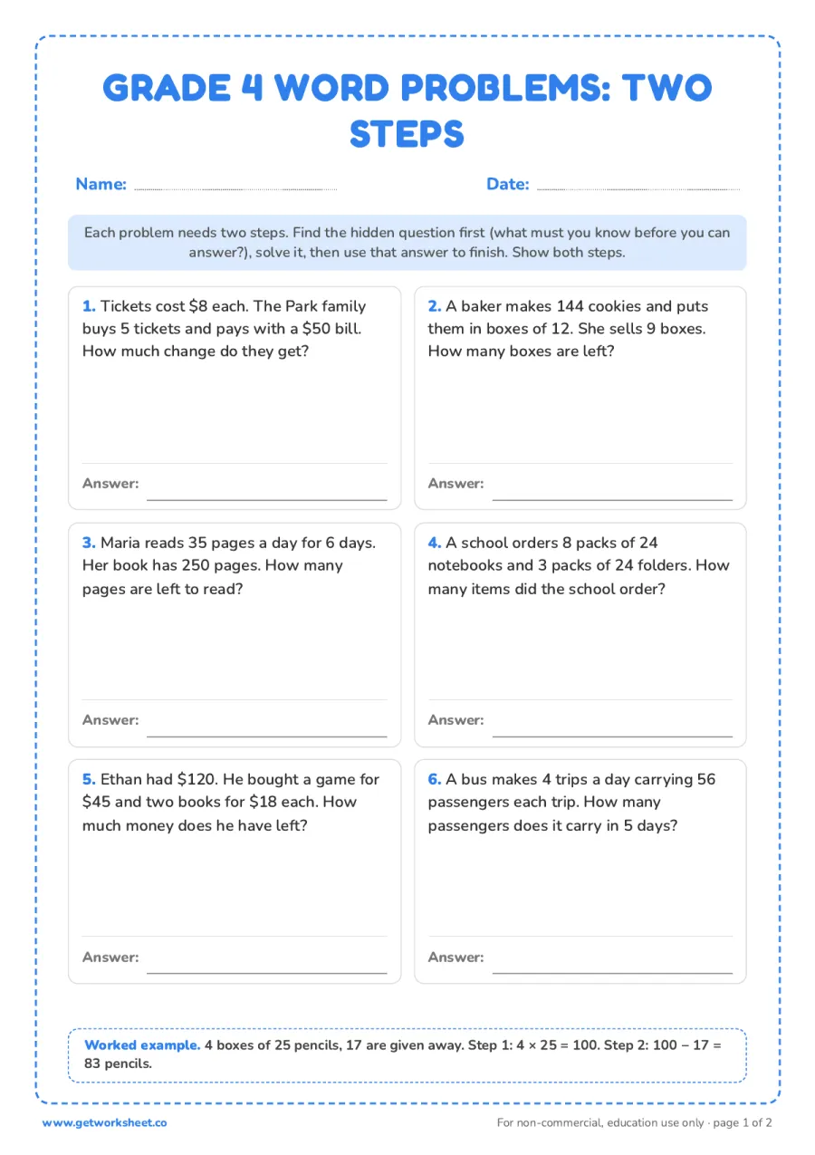 Grade 4 word problems: two steps – free printable PDF worksheet, page 1 preview (8 free math word problems worksheets (grades 1 to 5))