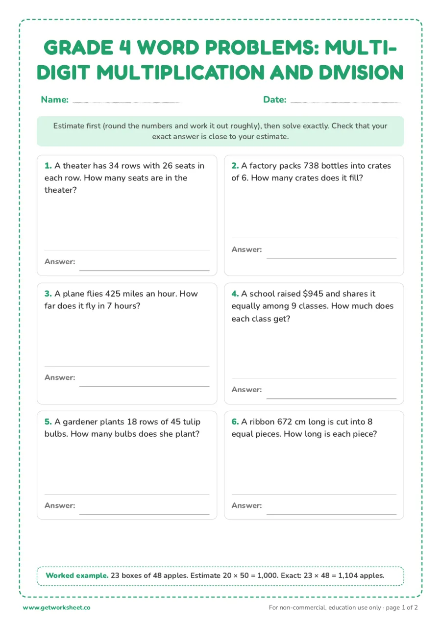 Grade 4 word problems: multi-digit multiplication and division – free printable PDF worksheet, page 1 preview (8 free math word problems worksheets (grades 1 to 5))