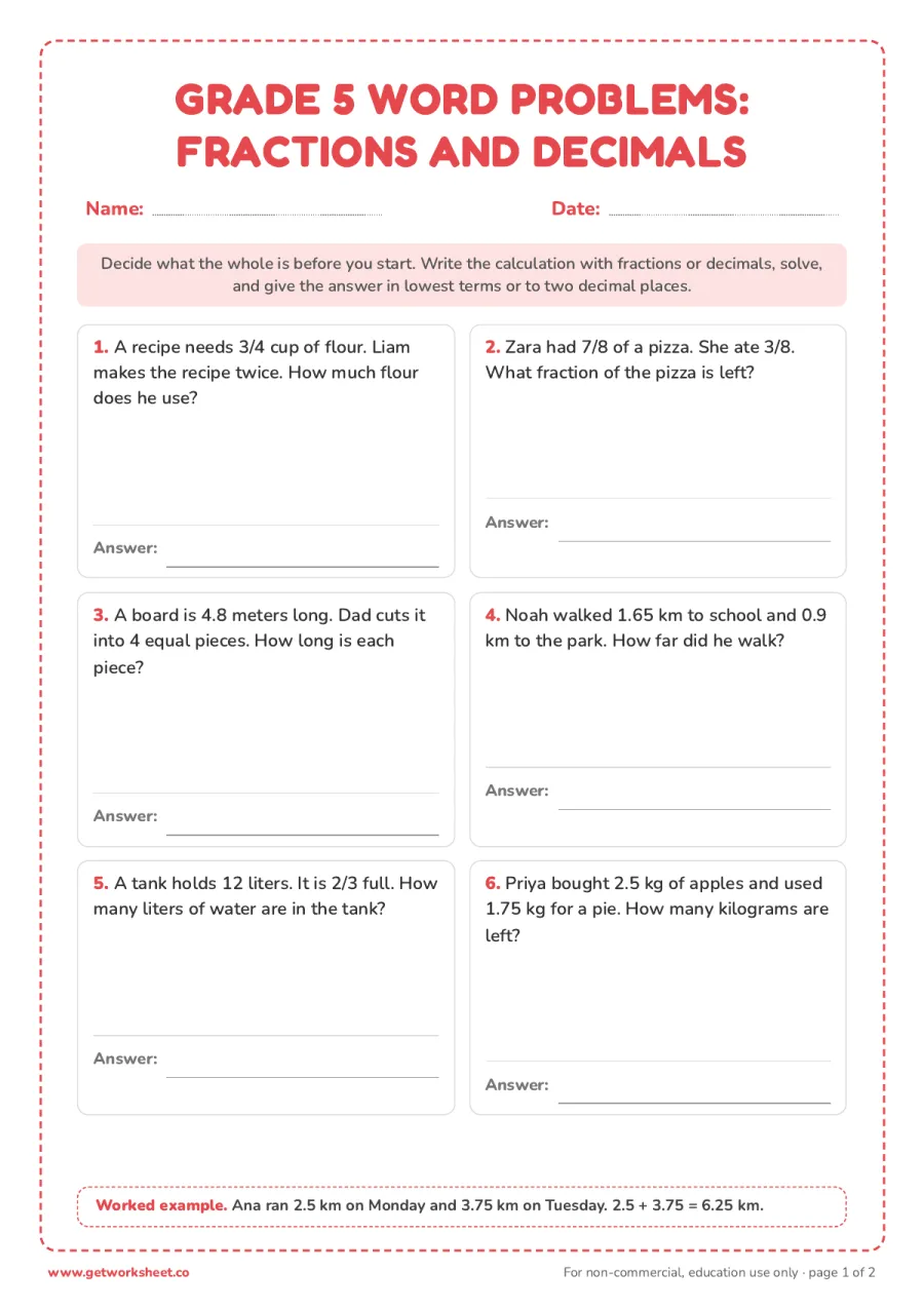Grade 5 word problems: fractions and decimals – free printable PDF worksheet, page 1 preview (8 free math word problems worksheets (grades 1 to 5))