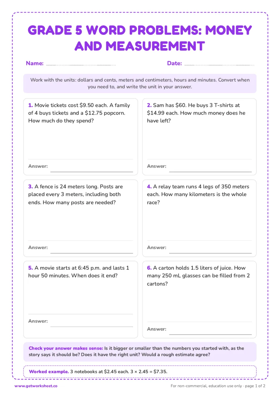 Grade 5 word problems: money and measurement – free printable PDF worksheet, page 1 preview (8 free math word problems worksheets (grades 1 to 5))