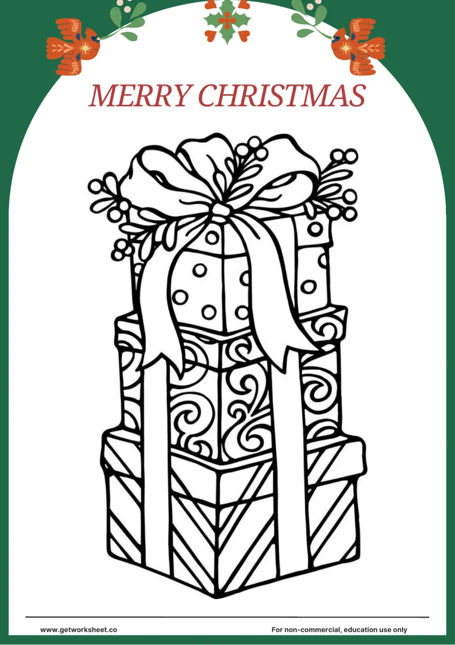 Merry Christmas coloring page: stacked gift boxes with a bow – free printable PDF worksheet, page 1 preview (8 free Merry Christmas coloring pages)