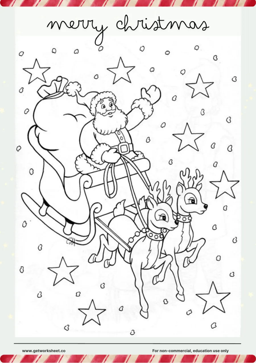 Merry Christmas coloring page: reindeer pull Santa's sleigh – free printable PDF worksheet, page 1 preview (8 free Merry Christmas coloring pages)