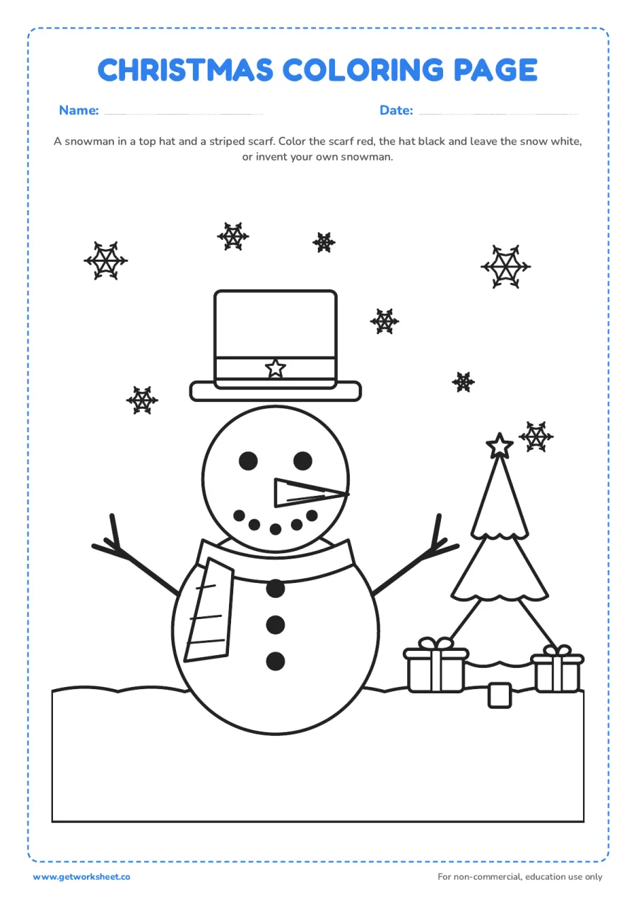 Christmas coloring page: snowman in a top hat – free printable PDF worksheet, page 1 preview (8 free Merry Christmas coloring pages)