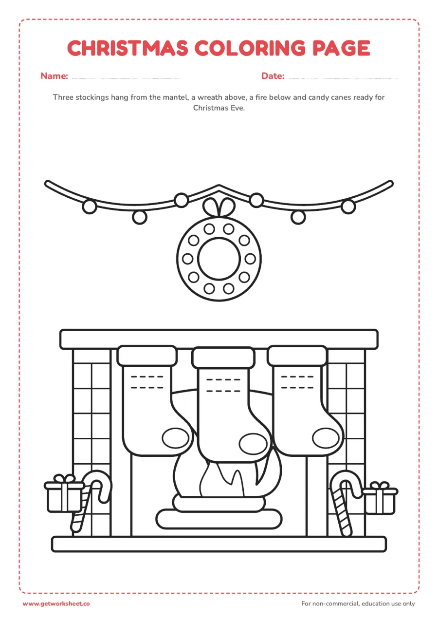 Christmas coloring page: stockings on the mantel – free printable PDF worksheet, page 1 preview (8 free Merry Christmas coloring pages)