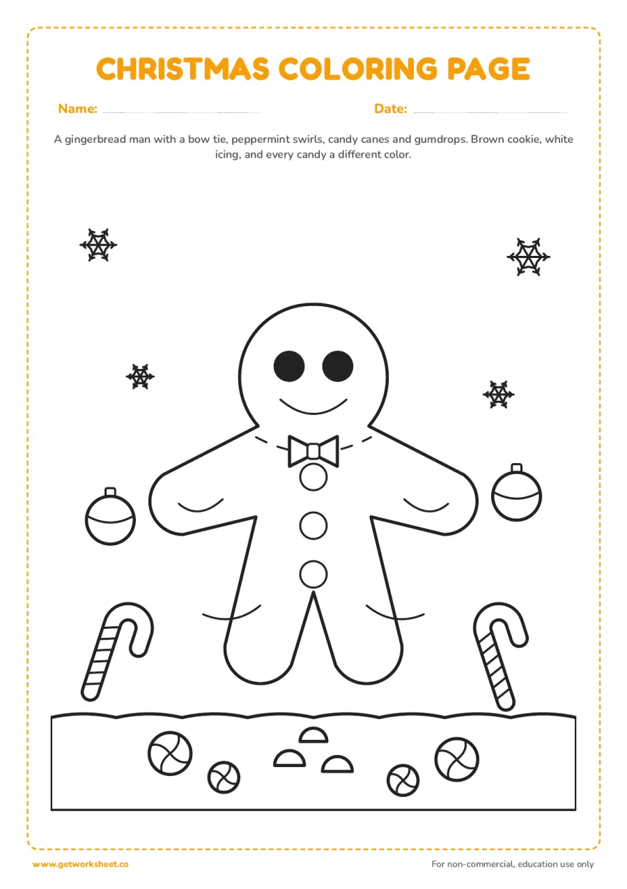 Christmas coloring page: gingerbread man with candy – free printable PDF worksheet, page 1 preview (8 free Merry Christmas coloring pages)