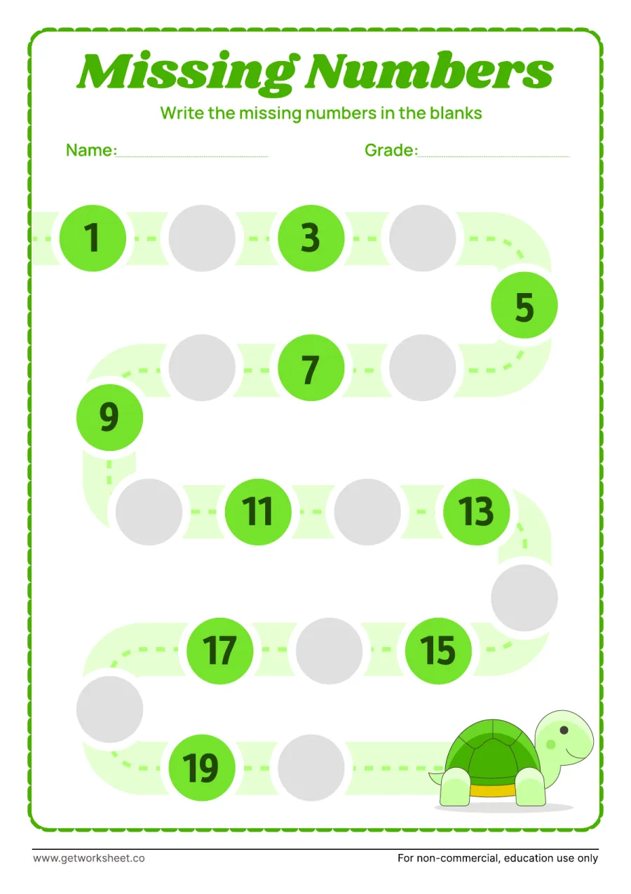 Missing numbers to 20: turtle path, odds given, fill evens – free printable PDF worksheet, page 1 preview (10 free missing number worksheets)
