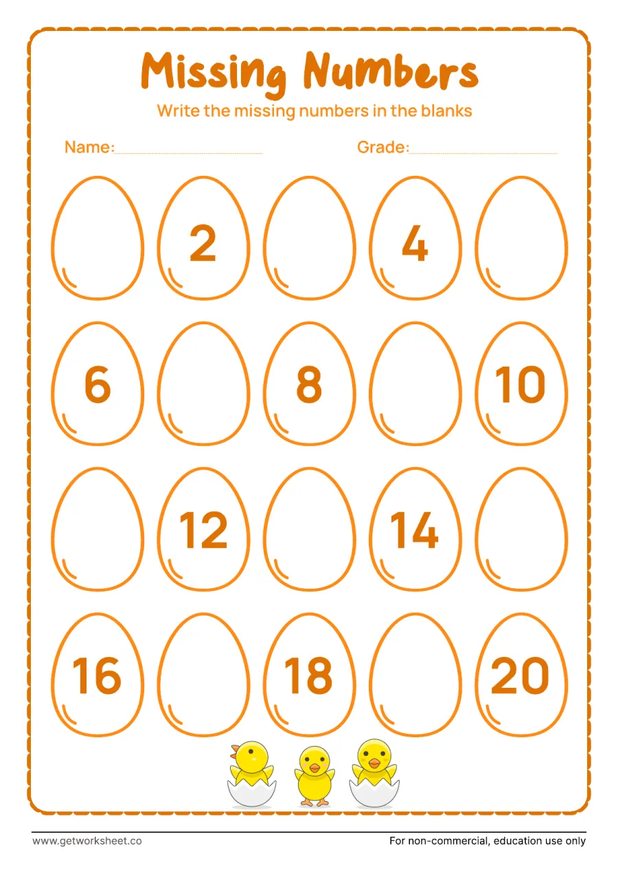 Missing numbers to 20: eggs show the evens, fill the odds – free printable PDF worksheet, page 1 preview (10 free missing number worksheets)