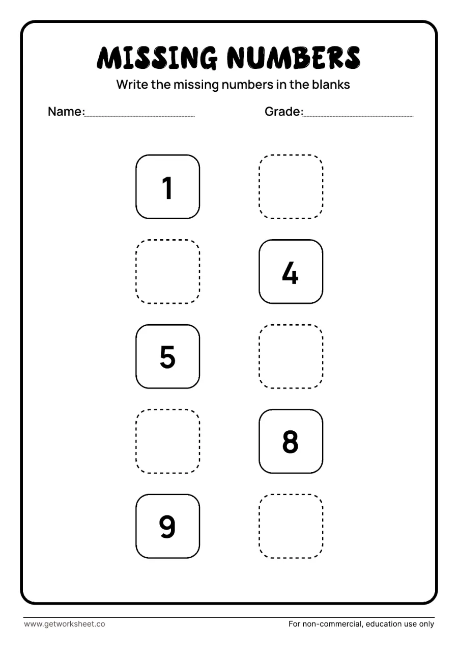 Missing numbers 1 to 10: two columns, 1, 4, 5, 8, 9 given – free printable PDF worksheet, page 1 preview (10 free missing number worksheets)