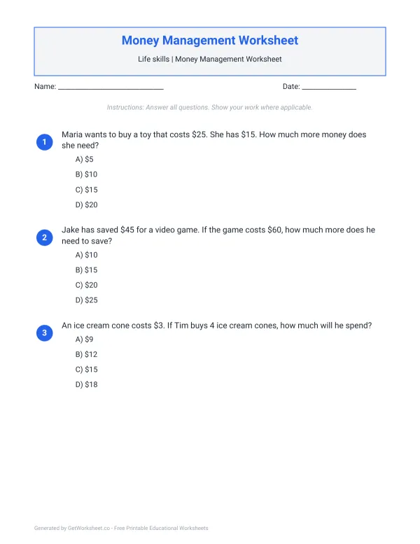 Money Management Worksheets – free printable worksheets preview