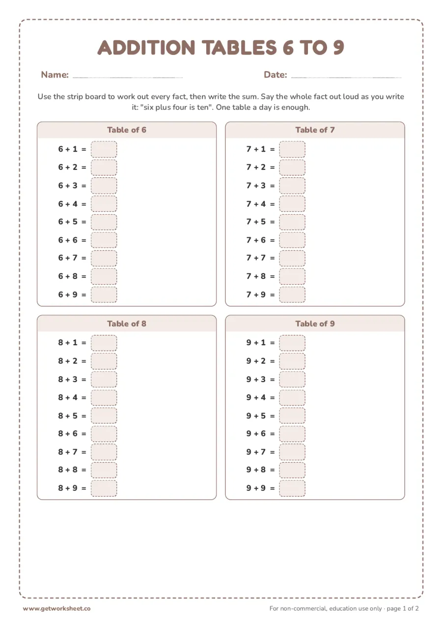 Addition tables of 6 to 9 (answer key) – free printable PDF worksheet, page 1 preview (8 free Montessori addition strip board worksheets)