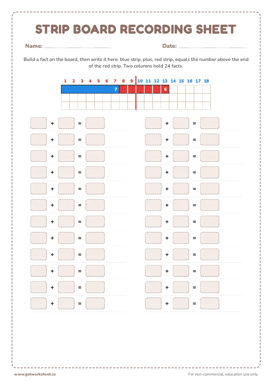 Strip board recording sheet – free printable PDF worksheet, page 1 preview (8 free Montessori addition strip board worksheets)