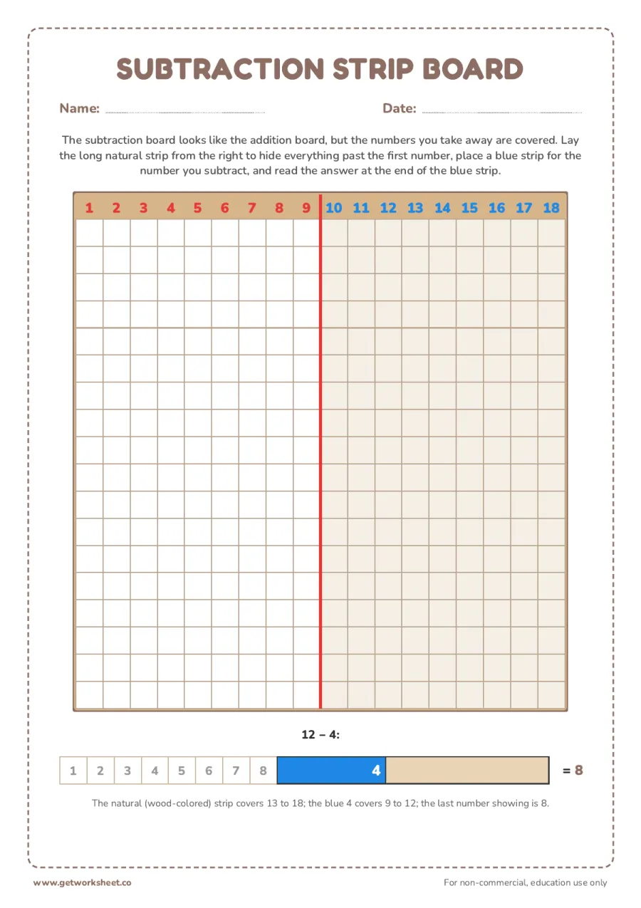 Printable subtraction strip board – free printable PDF worksheet, page 1 preview (8 free Montessori addition strip board worksheets)