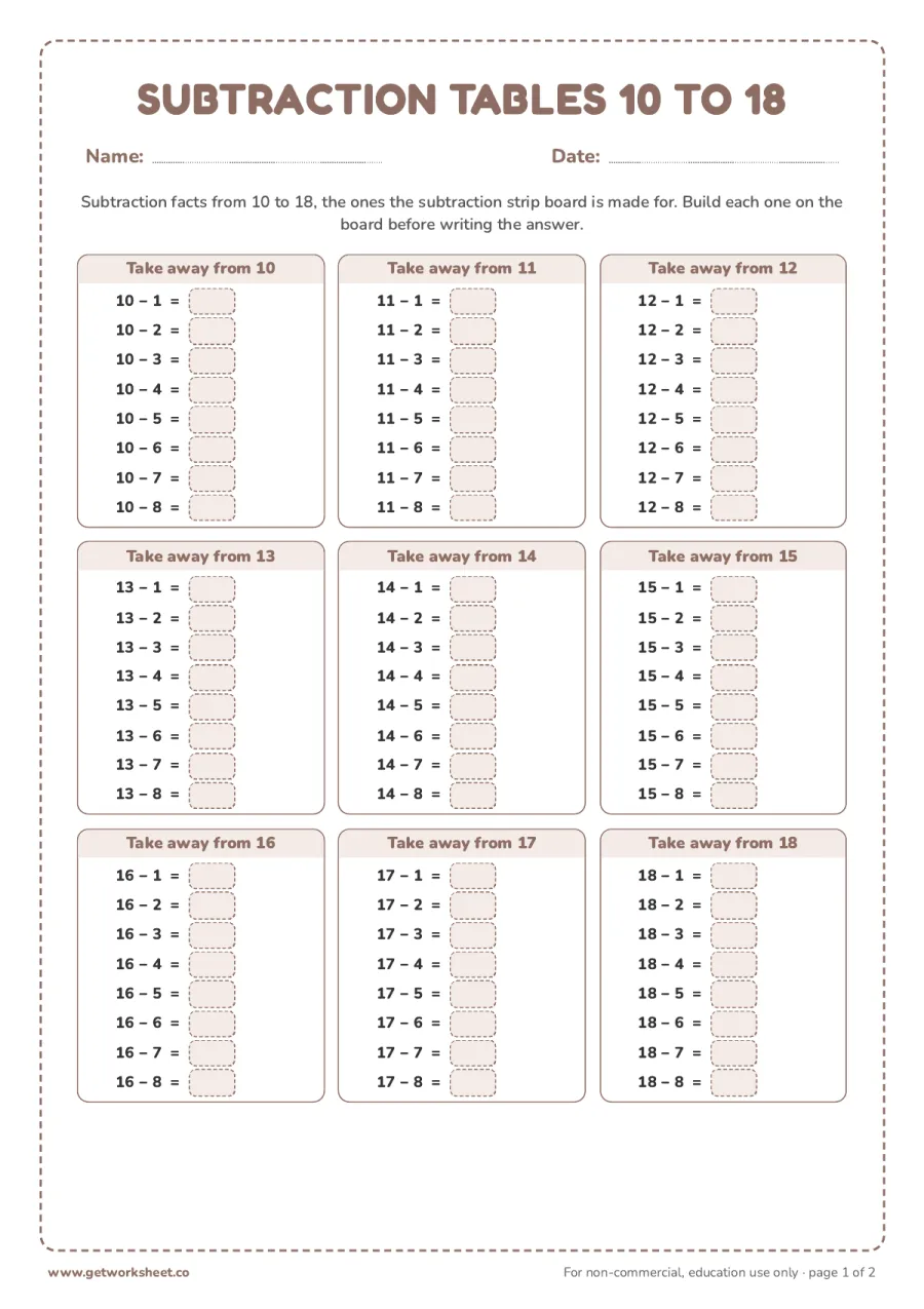 Subtraction tables 10 to 18 (answer key) – free printable PDF worksheet, page 1 preview (8 free Montessori addition strip board worksheets)