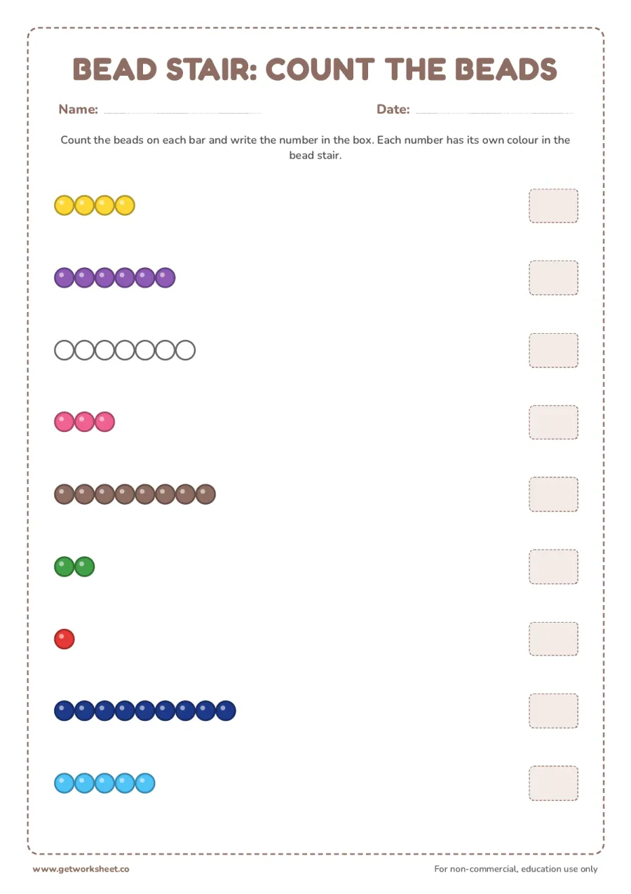 Bead stair: count the beads Bead stair: count the beads – free printable PDF worksheet, page 1 preview (4 free Montessori bead stair worksheets)