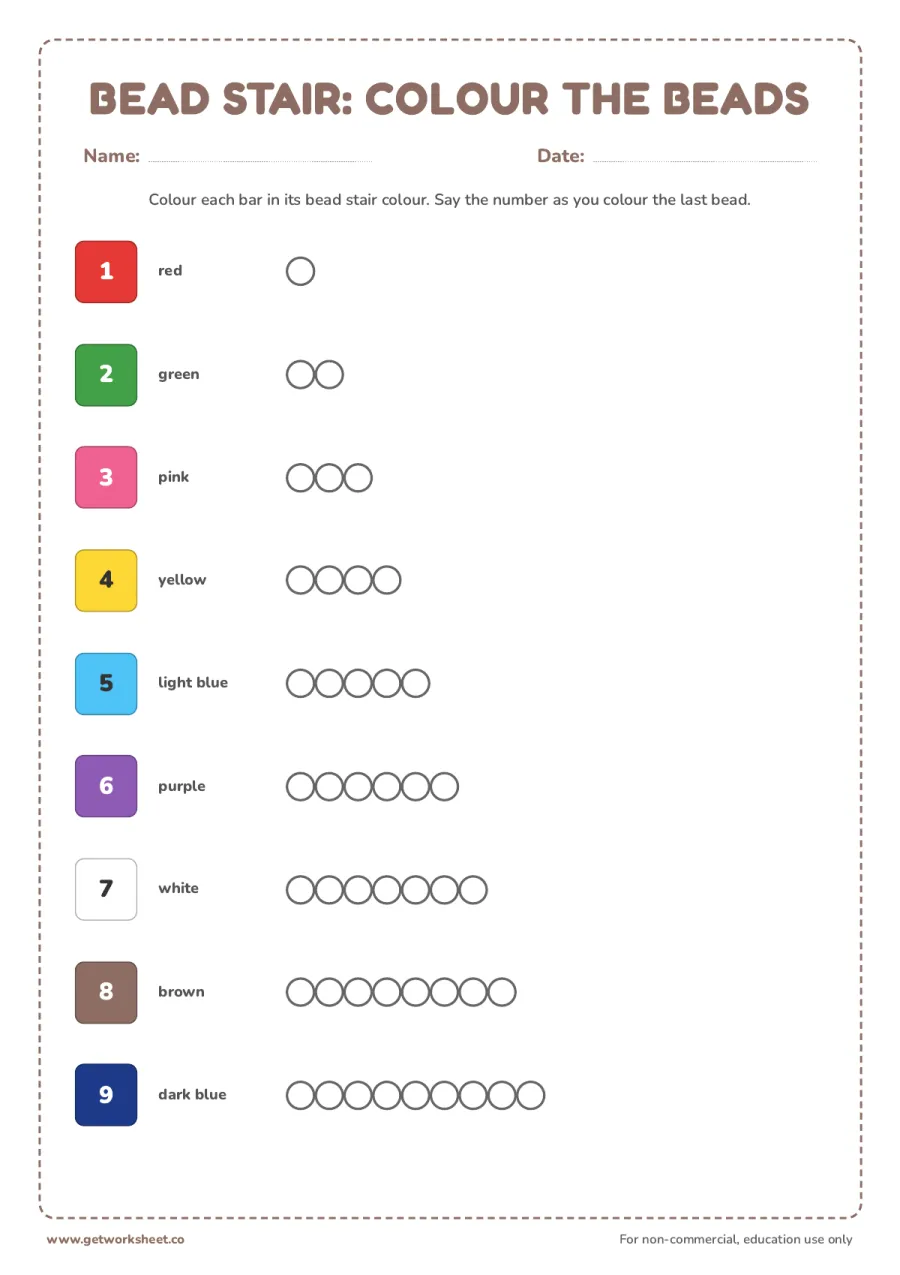 Bead stair: colour the beads Bead stair: colour the beads – free printable PDF worksheet, page 1 preview (4 free Montessori bead stair worksheets)