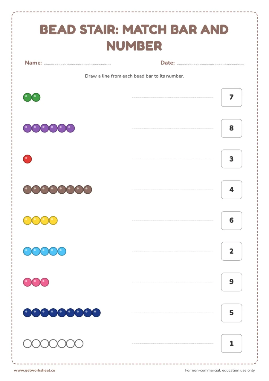 Bead stair: match bar and number Bead stair: match bar and number – free printable PDF worksheet, page 1 preview (4 free Montessori bead stair worksheets)