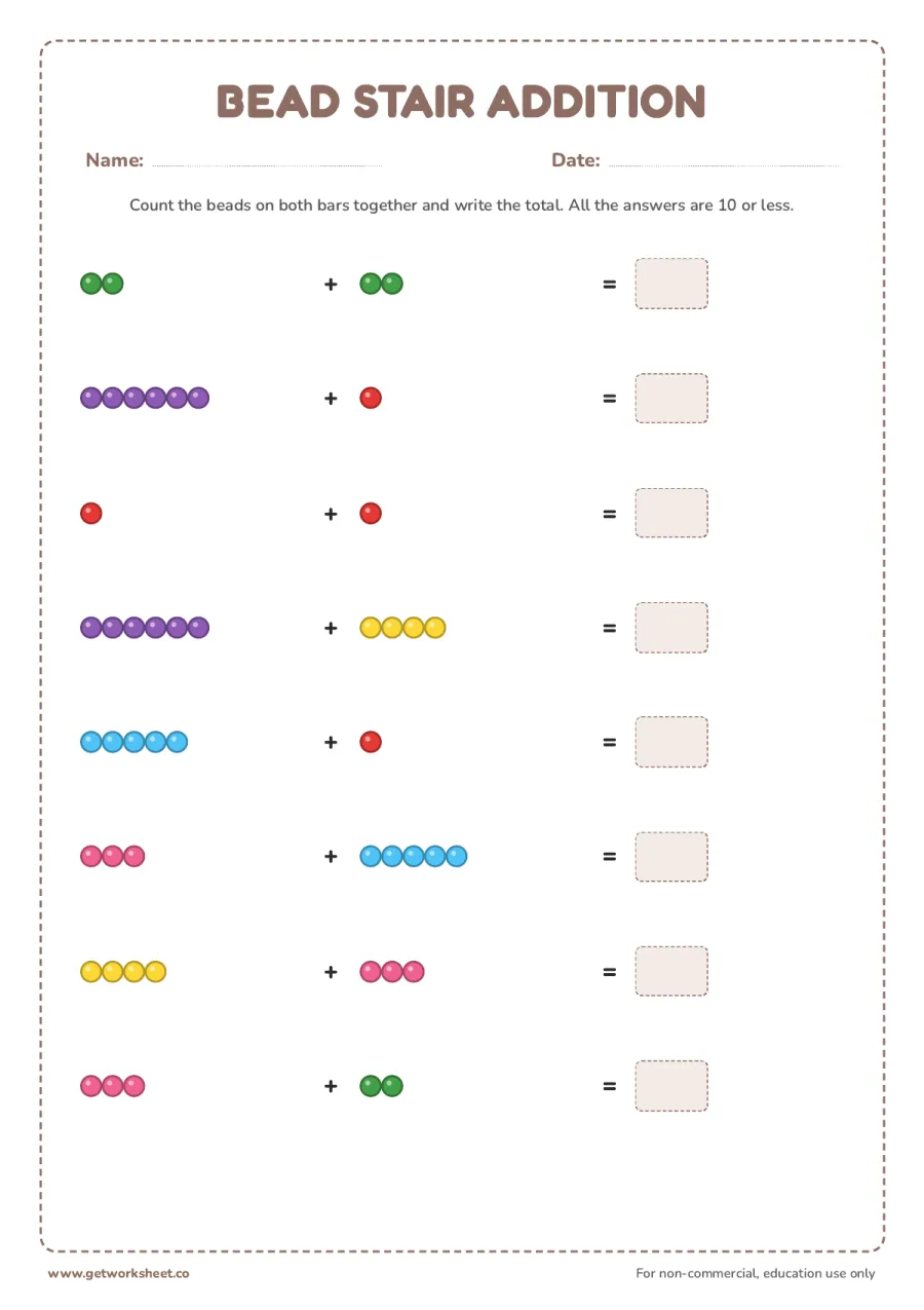 Bead stair addition: add two bars, totals up to 10 Bead stair addition: add two bars, totals up to 10 – free printable PDF worksheet, page 1 preview (4 free Montessori bead stair worksheets)