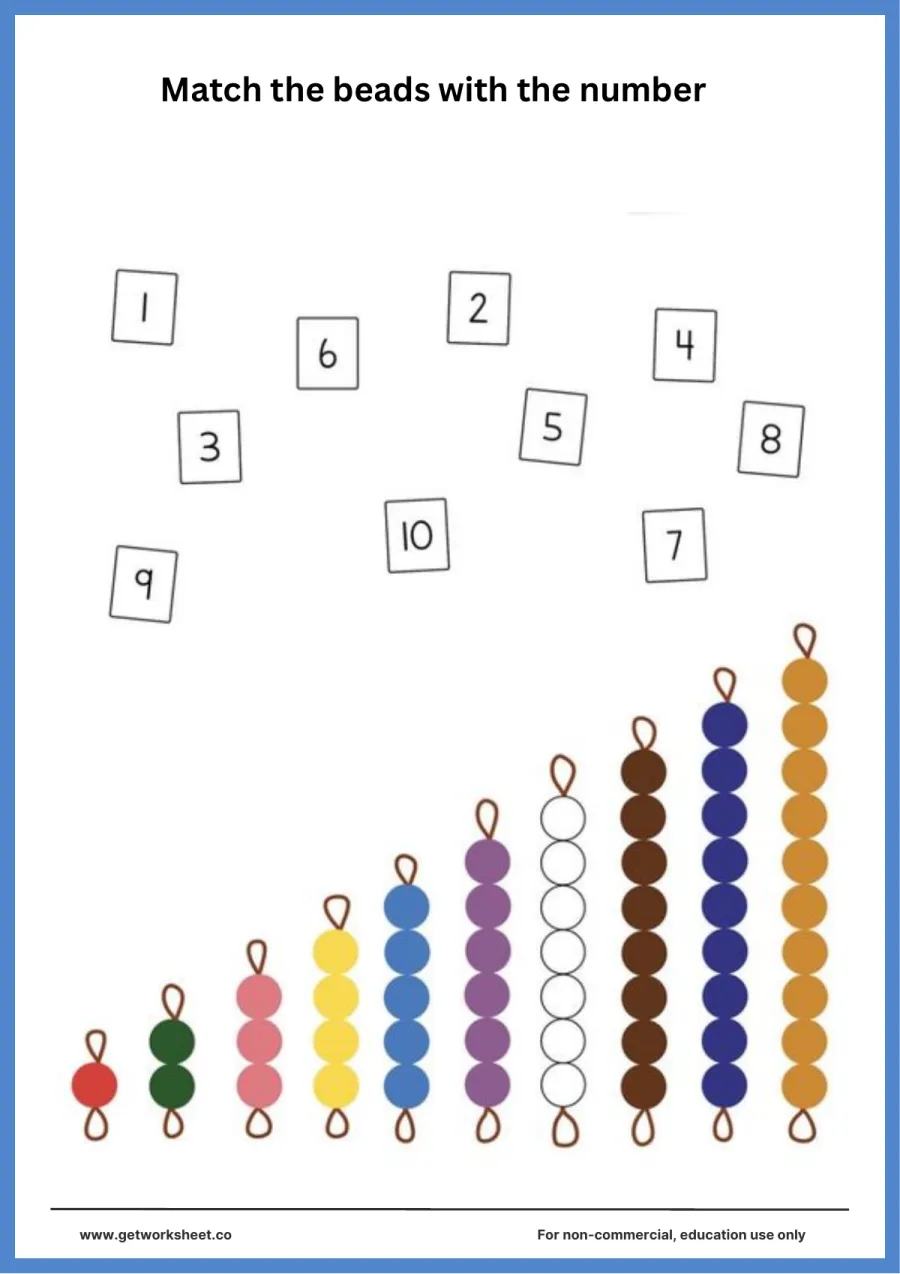 Bead stair: match each coloured bar to its number card – free printable PDF worksheet, page 1 preview (Free Montessori worksheets (PDF))