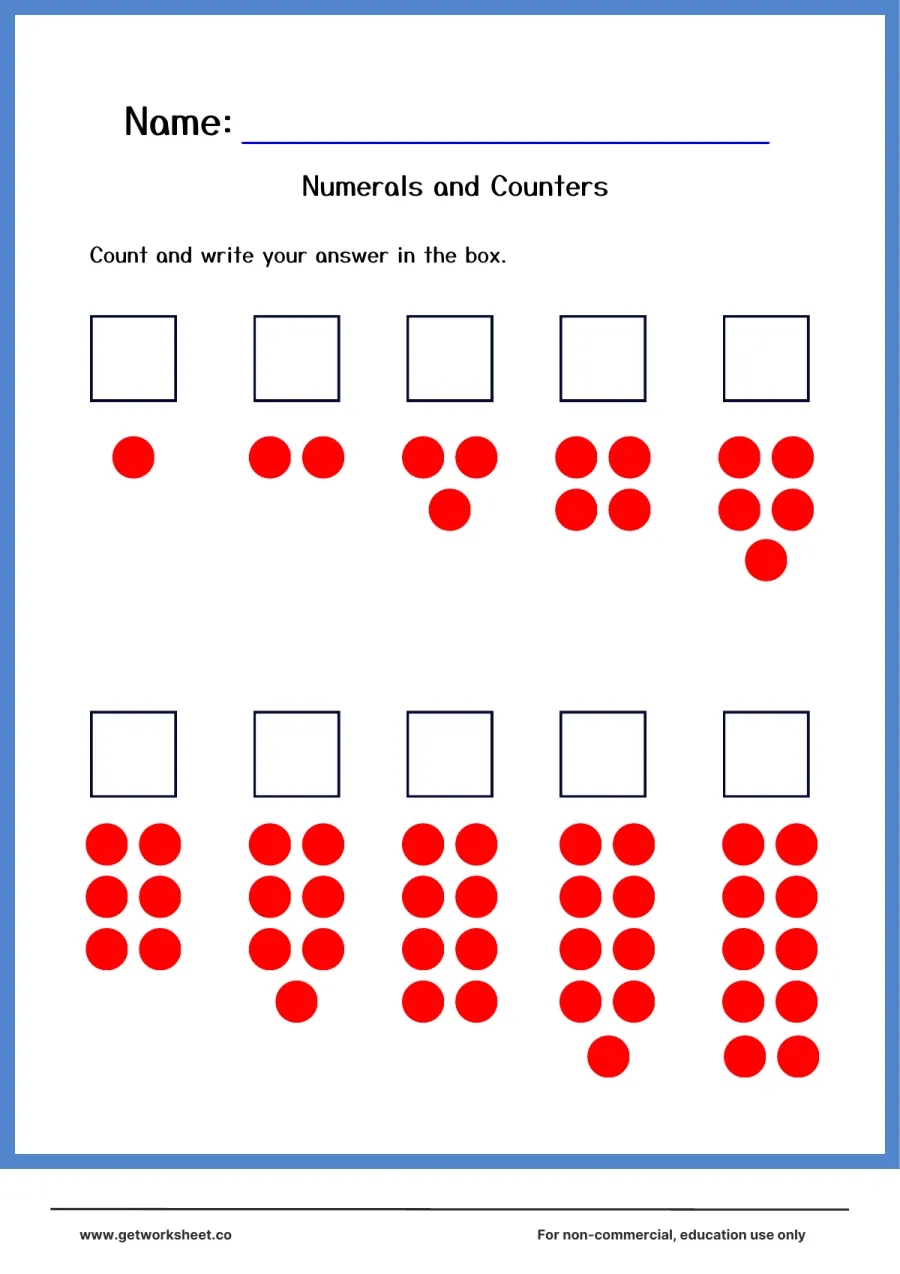 Numerals and counters: count red dots 1 to 10 and write – free printable PDF worksheet, page 1 preview (Free Montessori worksheets (PDF))