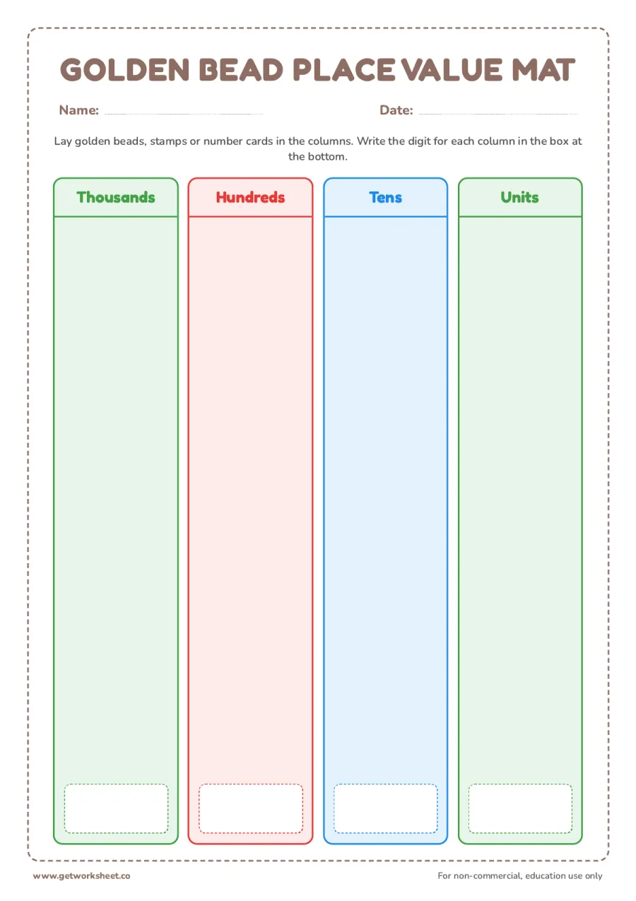 Golden bead place value mat – free printable PDF worksheet, page 1 preview (Free Montessori worksheets (PDF))