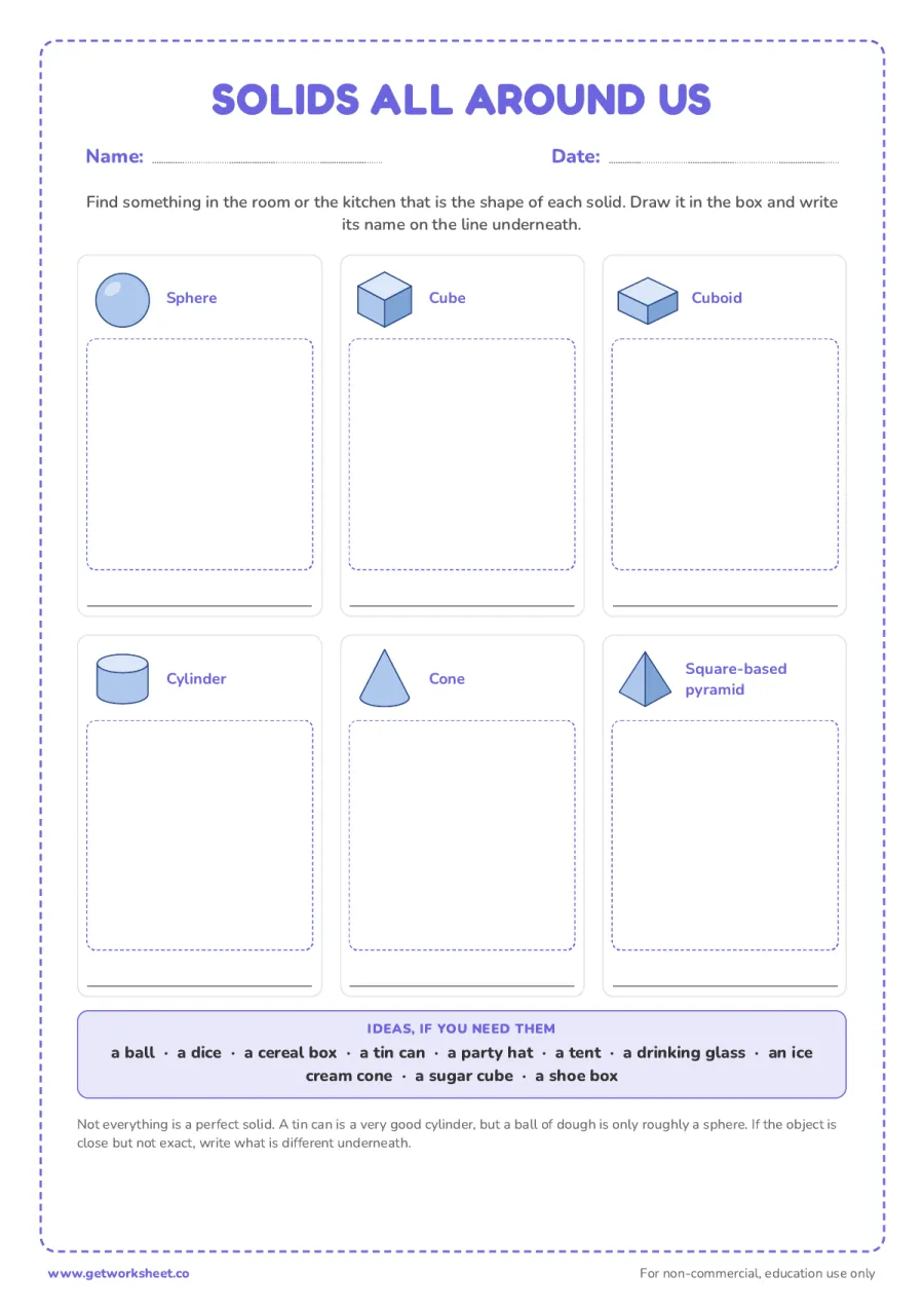 Find the solids in the real world Find the solids in the real world – free printable PDF worksheet, page 1 preview (7 free Montessori geometric solids worksheets)