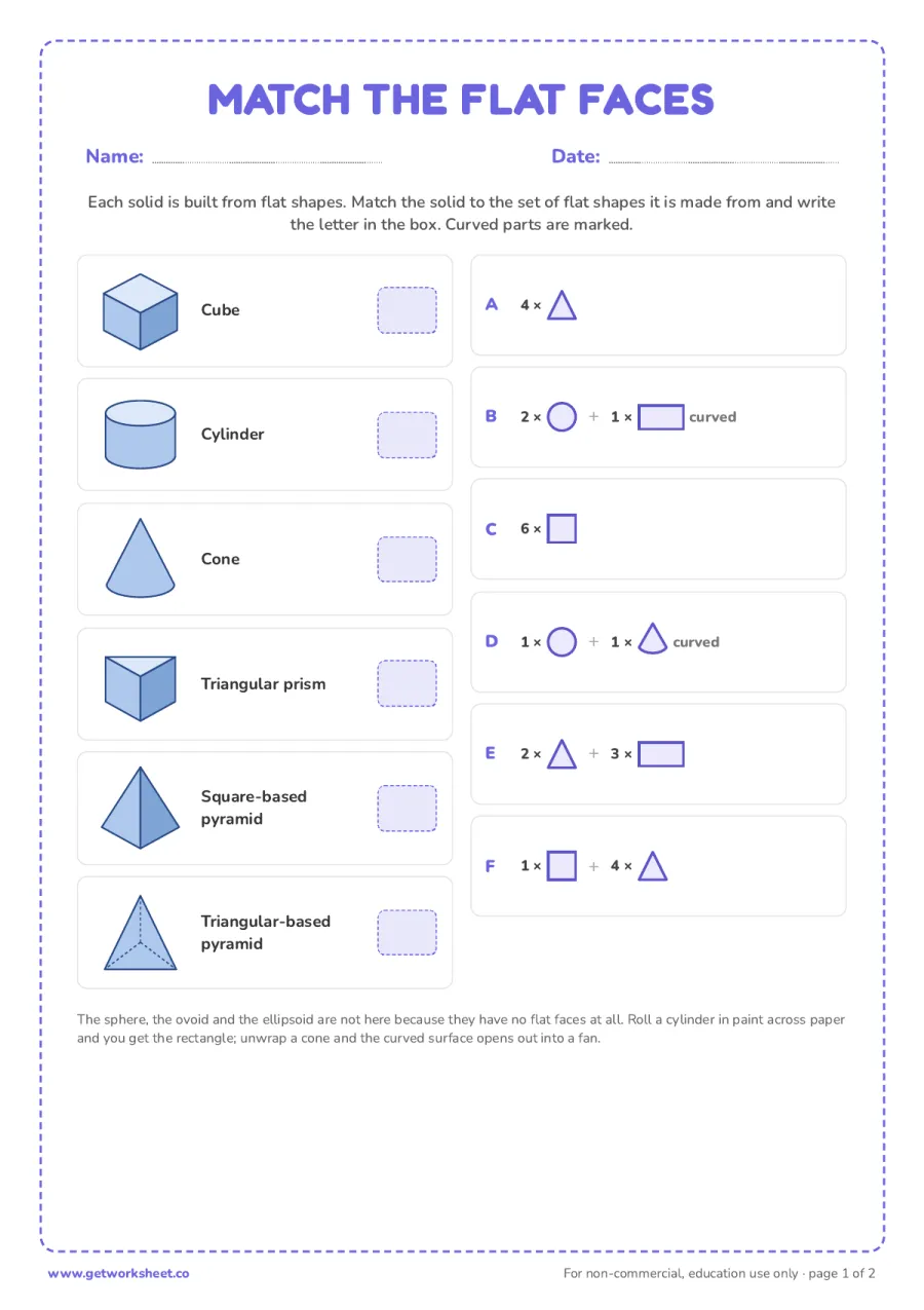 Match the solid to its flat faces (answer key) Match the solid to its flat faces (answer key) – free printable PDF worksheet, page 1 preview (7 free Montessori geometric solids worksheets)