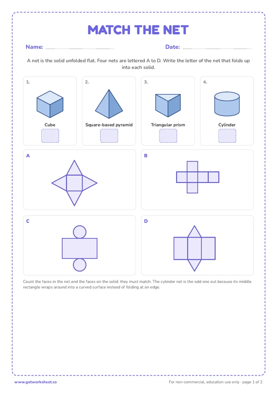 Match the solid to its net (answer key) Match the solid to its net (answer key) – free printable PDF worksheet, page 1 preview (7 free Montessori geometric solids worksheets)