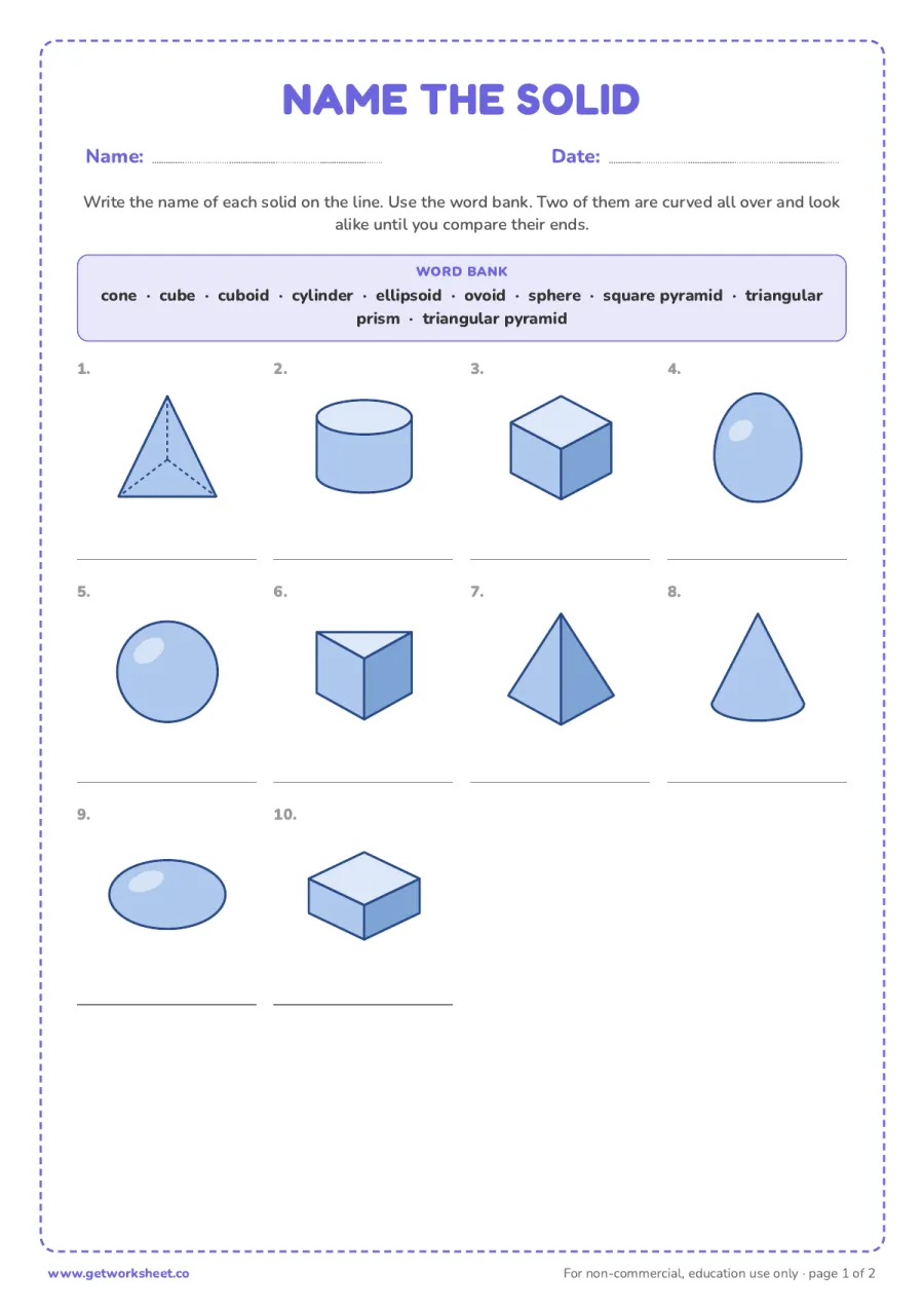Name the solid (answer key) Name the solid (answer key) – free printable PDF worksheet, page 1 preview (7 free Montessori geometric solids worksheets)