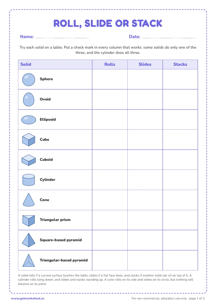 Roll, slide or stack? (answer key) Roll, slide or stack? (answer key) – free printable PDF worksheet, page 1 preview (7 free Montessori geometric solids worksheets)