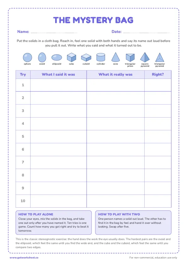 The mystery bag record sheet, page 1 preview