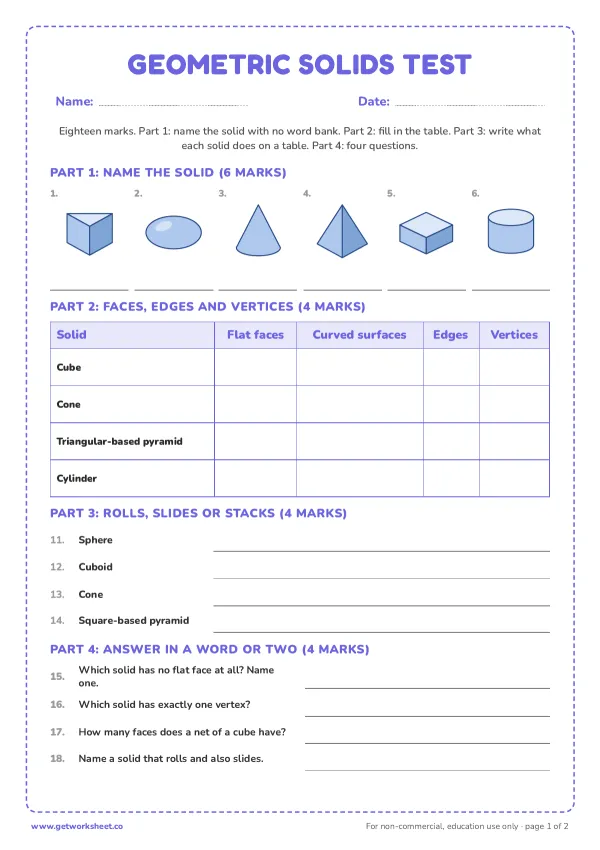 Geometric solids test, 18 marks, page 1 preview