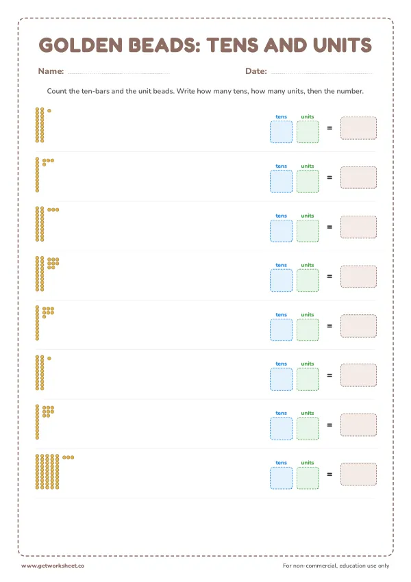 Free Montessori place value worksheets (golden beads) – free printable worksheets preview