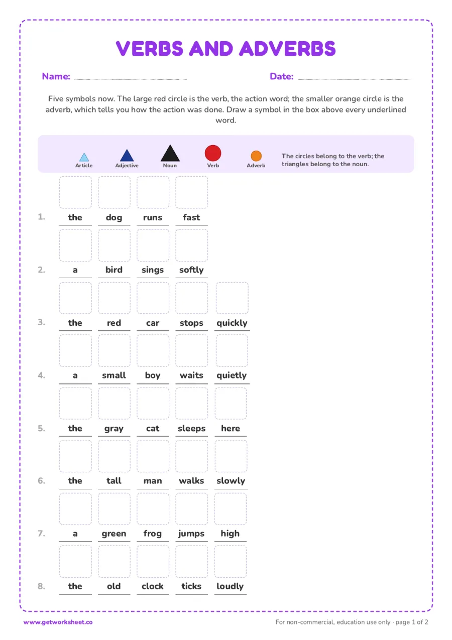 Draw the symbol: adding verbs and adverbs Draw the symbol: adding verbs and adverbs – free printable PDF worksheet, page 1 preview (8 free Montessori grammar symbols worksheets)