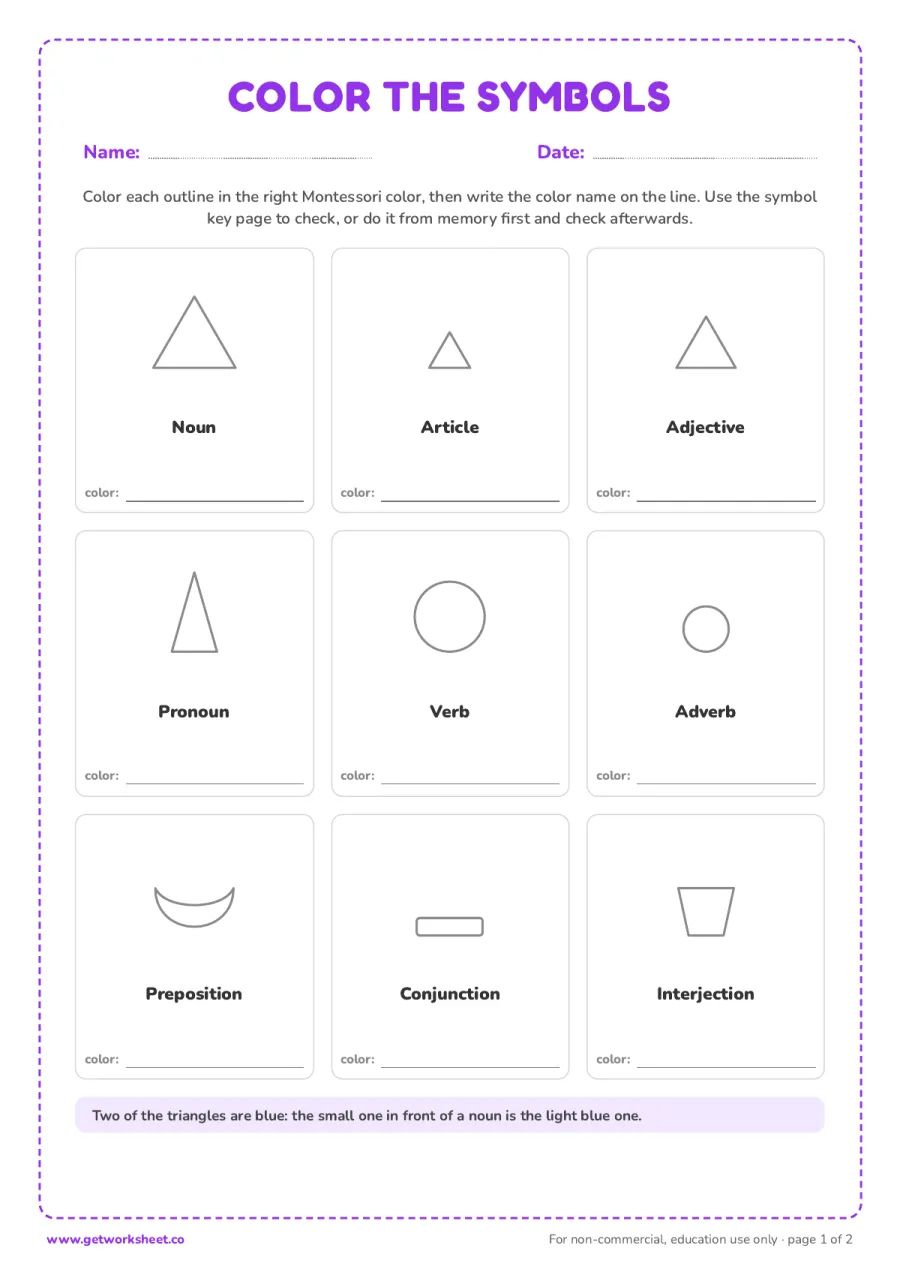 Color the grammar symbols correctly Color the grammar symbols correctly – free printable PDF worksheet, page 1 preview (8 free Montessori grammar symbols worksheets)