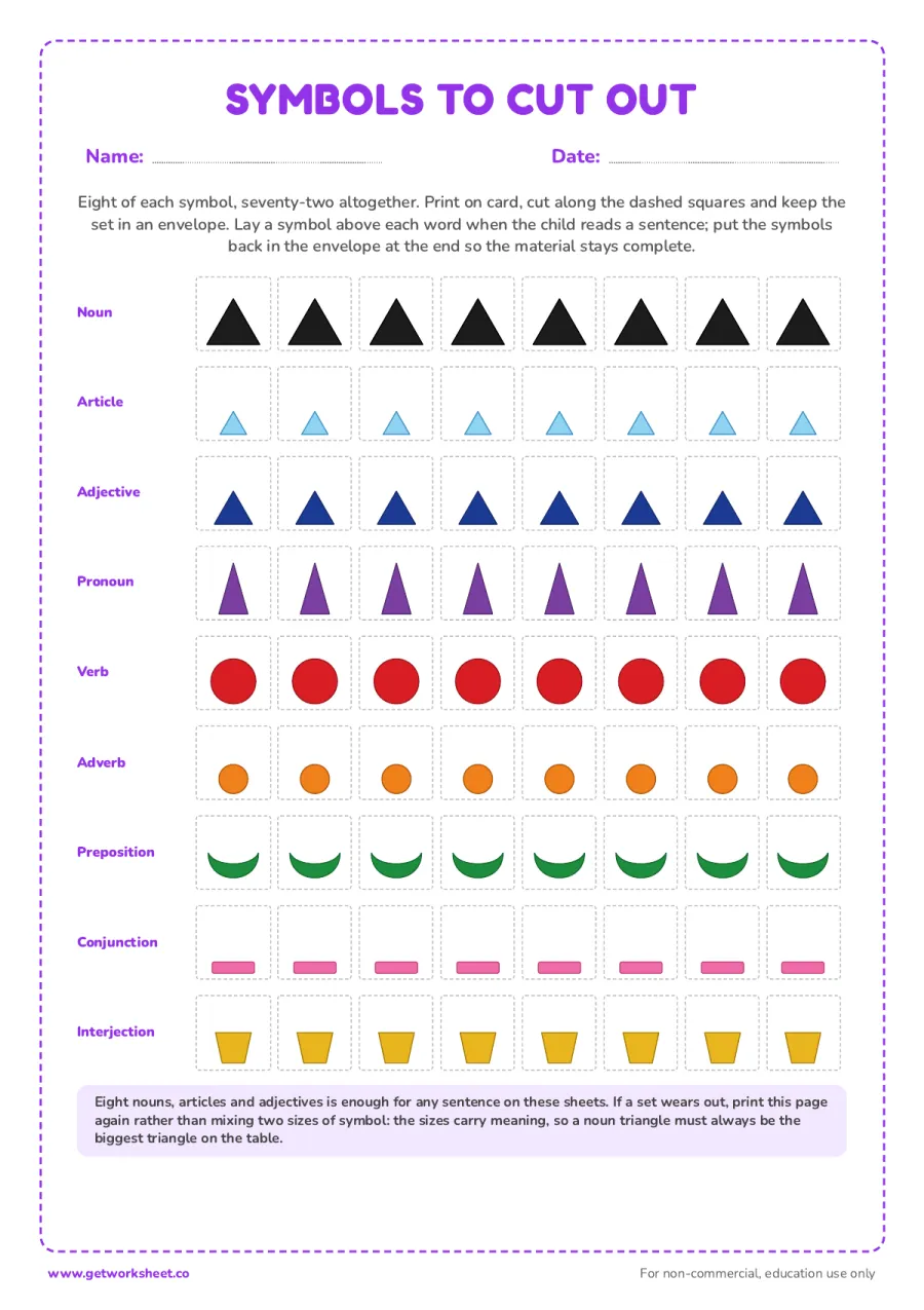 Grammar symbols to cut out and keep Grammar symbols to cut out and keep – free printable PDF worksheet, page 1 preview (8 free Montessori grammar symbols worksheets)