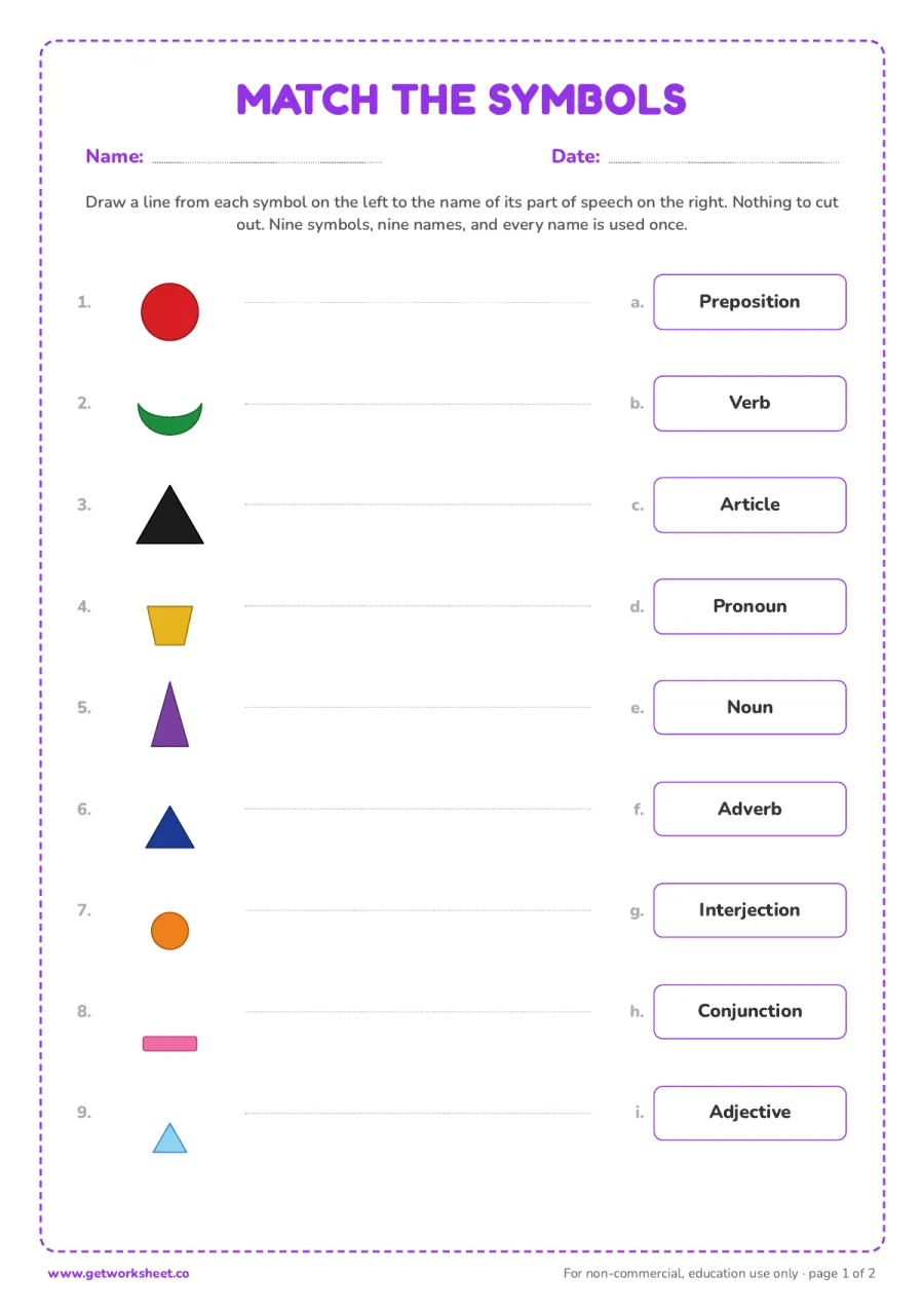 Match each symbol to its part of speech Match each symbol to its part of speech – free printable PDF worksheet, page 1 preview (8 free Montessori grammar symbols worksheets)