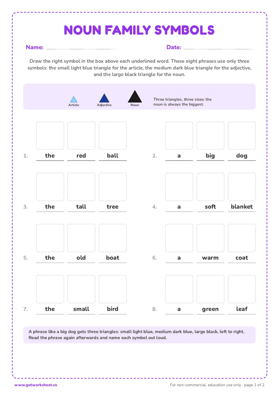 Draw the symbol: nouns, articles and adjectives Draw the symbol: nouns, articles and adjectives – free printable PDF worksheet, page 1 preview (8 free Montessori grammar symbols worksheets)