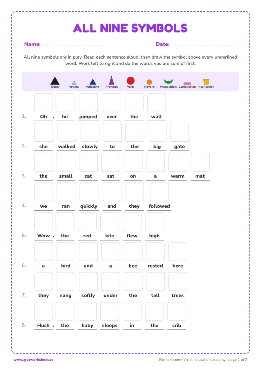 Symbolize the sentence: all nine symbols Symbolize the sentence: all nine symbols – free printable PDF worksheet, page 1 preview (8 free Montessori grammar symbols worksheets)