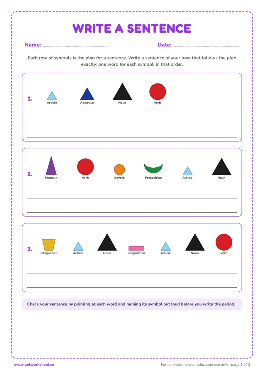 Write your own sentence for three symbol patterns Write your own sentence for three symbol patterns – free printable PDF worksheet, page 1 preview (8 free Montessori grammar symbols worksheets)