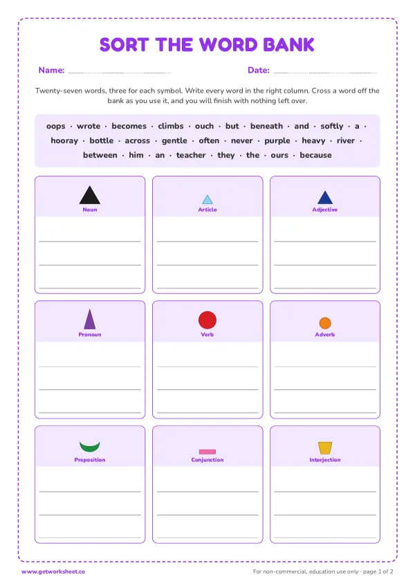 Sort twenty-seven words into the nine symbol columns, page 1 preview