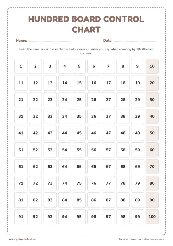 Hundred board worksheet preview