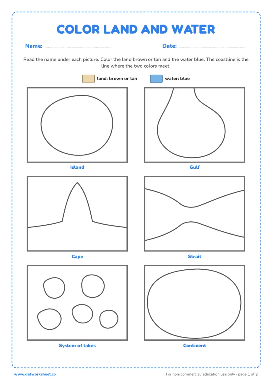 Color the land and the water (answer key) – free printable PDF worksheet, page 1 preview (7 free Montessori land and water forms worksheets)