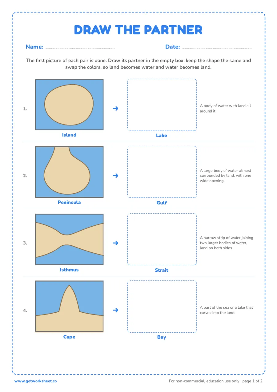 Draw the missing partner (answer key) – free printable PDF worksheet, page 1 preview (7 free Montessori land and water forms worksheets)