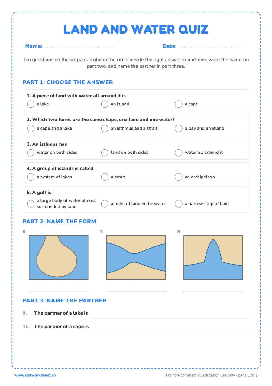 Land and water forms quiz (answer key) – free printable PDF worksheet, page 1 preview (7 free Montessori land and water forms worksheets)