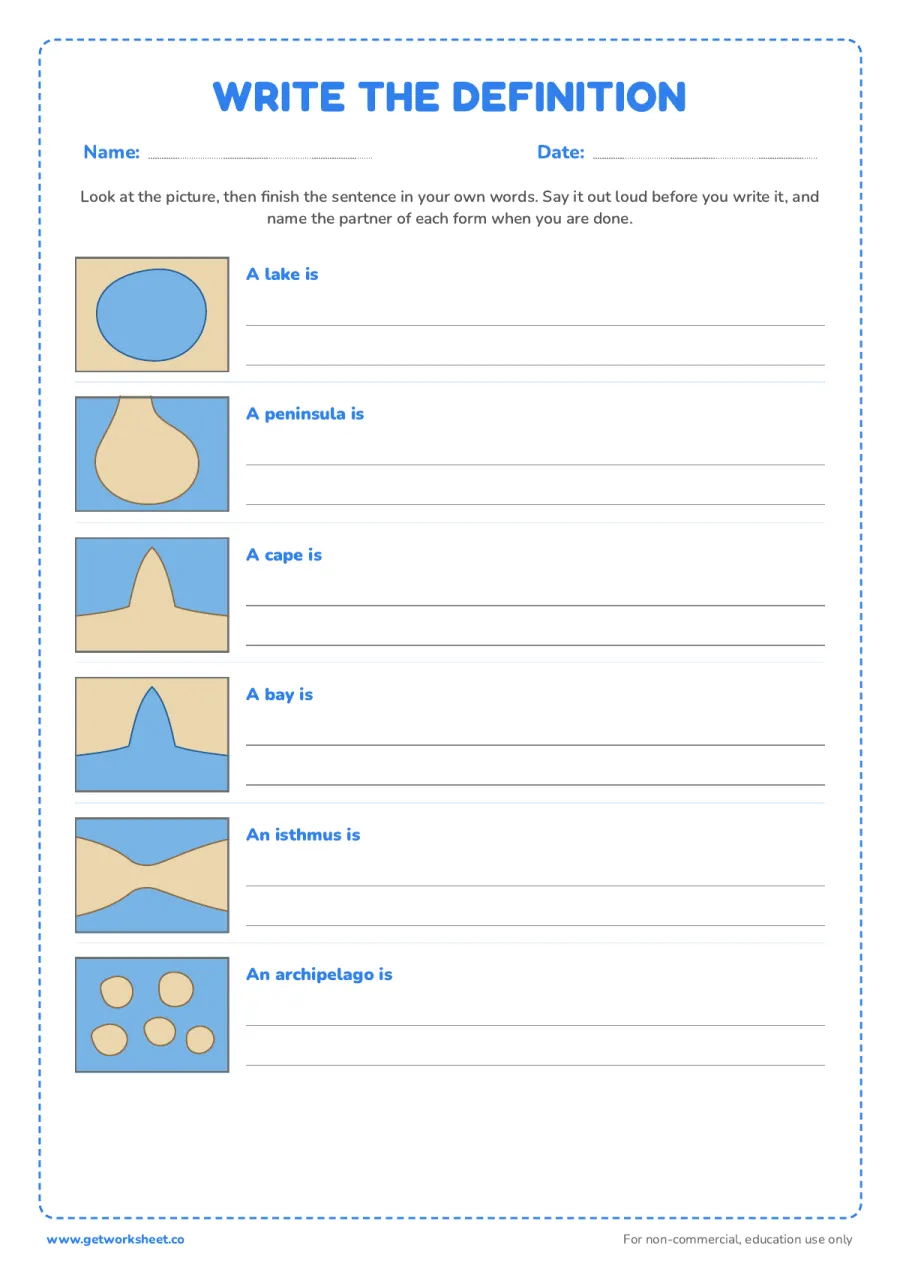 Write the definition in your own words – free printable PDF worksheet, page 1 preview (7 free Montessori land and water forms worksheets)
