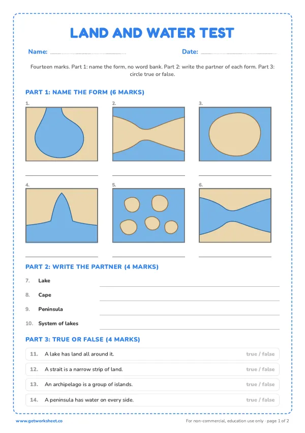 Land and water forms test, 14 marks, page 1 preview