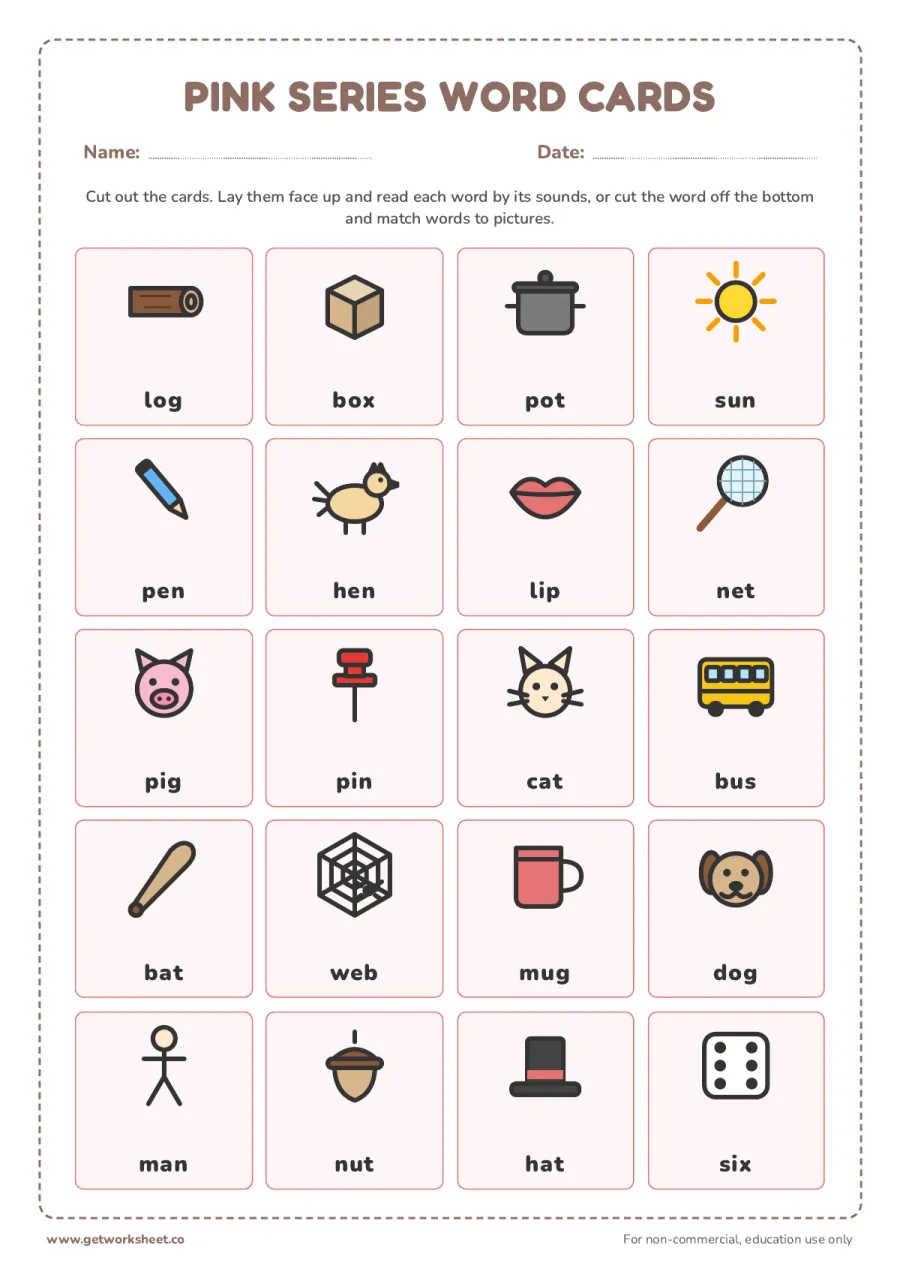 Pink series word cards: 20 pictures with words – free printable PDF worksheet, page 1 preview (7 free Montessori language worksheets)