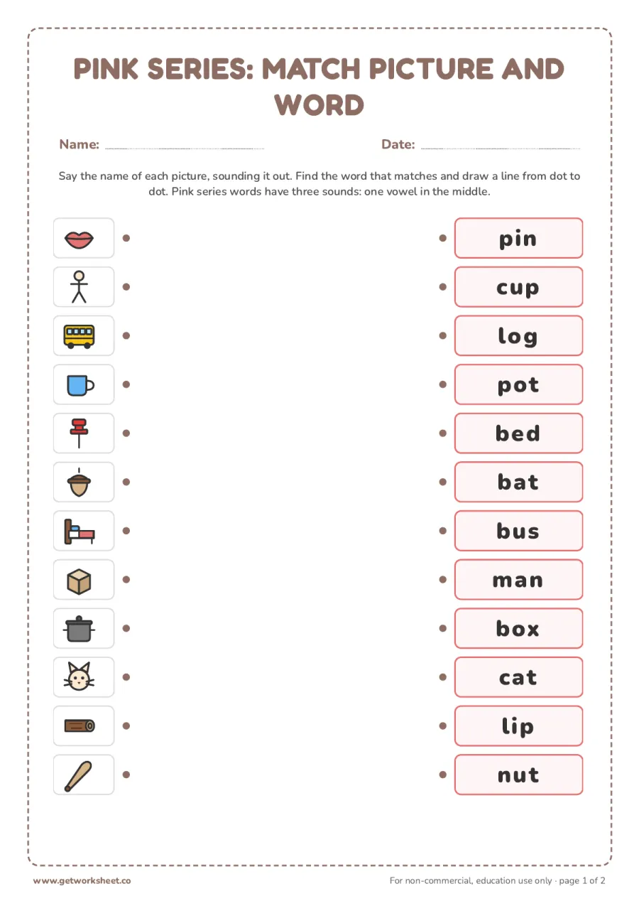 Pink series: match 12 pictures to words – free printable PDF worksheet, page 1 preview (7 free Montessori language worksheets)