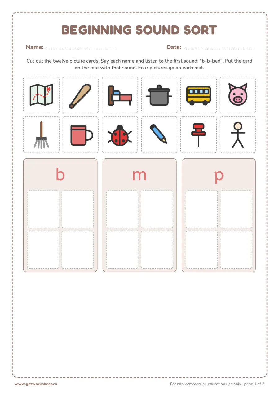 Beginning sound sort mats: b, m, p – free printable PDF worksheet, page 1 preview (7 free Montessori language worksheets)