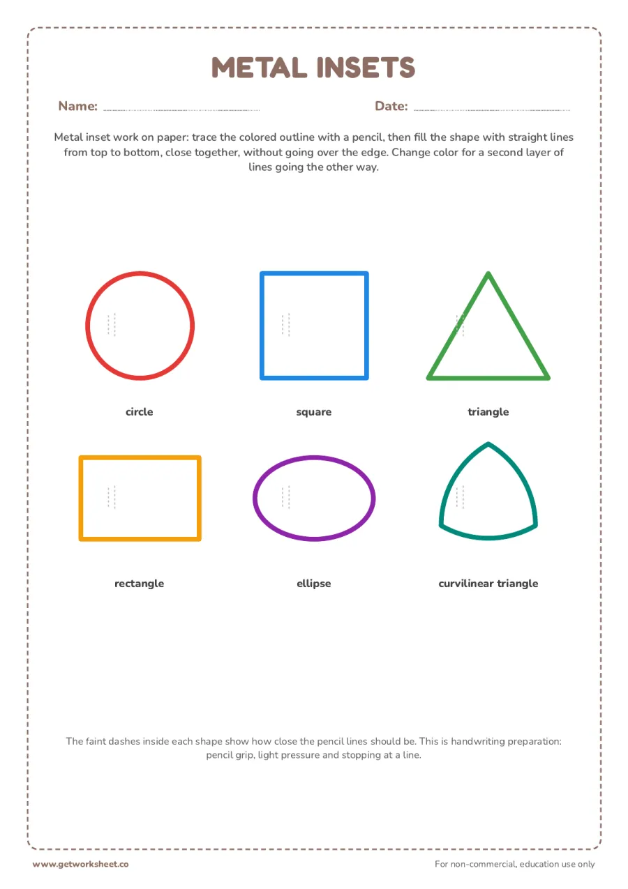 Metal insets: six shapes to trace and fill – free printable PDF worksheet, page 1 preview (7 free Montessori language worksheets)